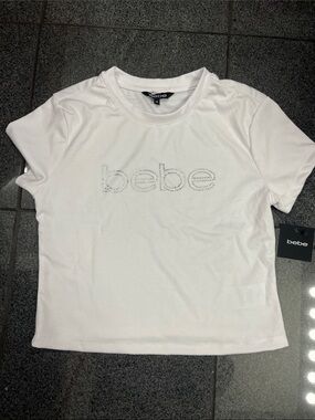 bebe White Rhinestone Logo Tee - Short Sleeve